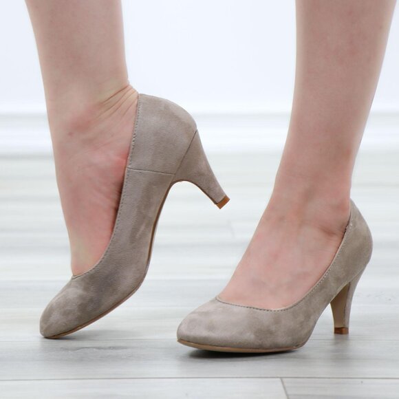 Taupe Suede Round Toe Kitten Low Heel Pumps - Picture 11 of 13